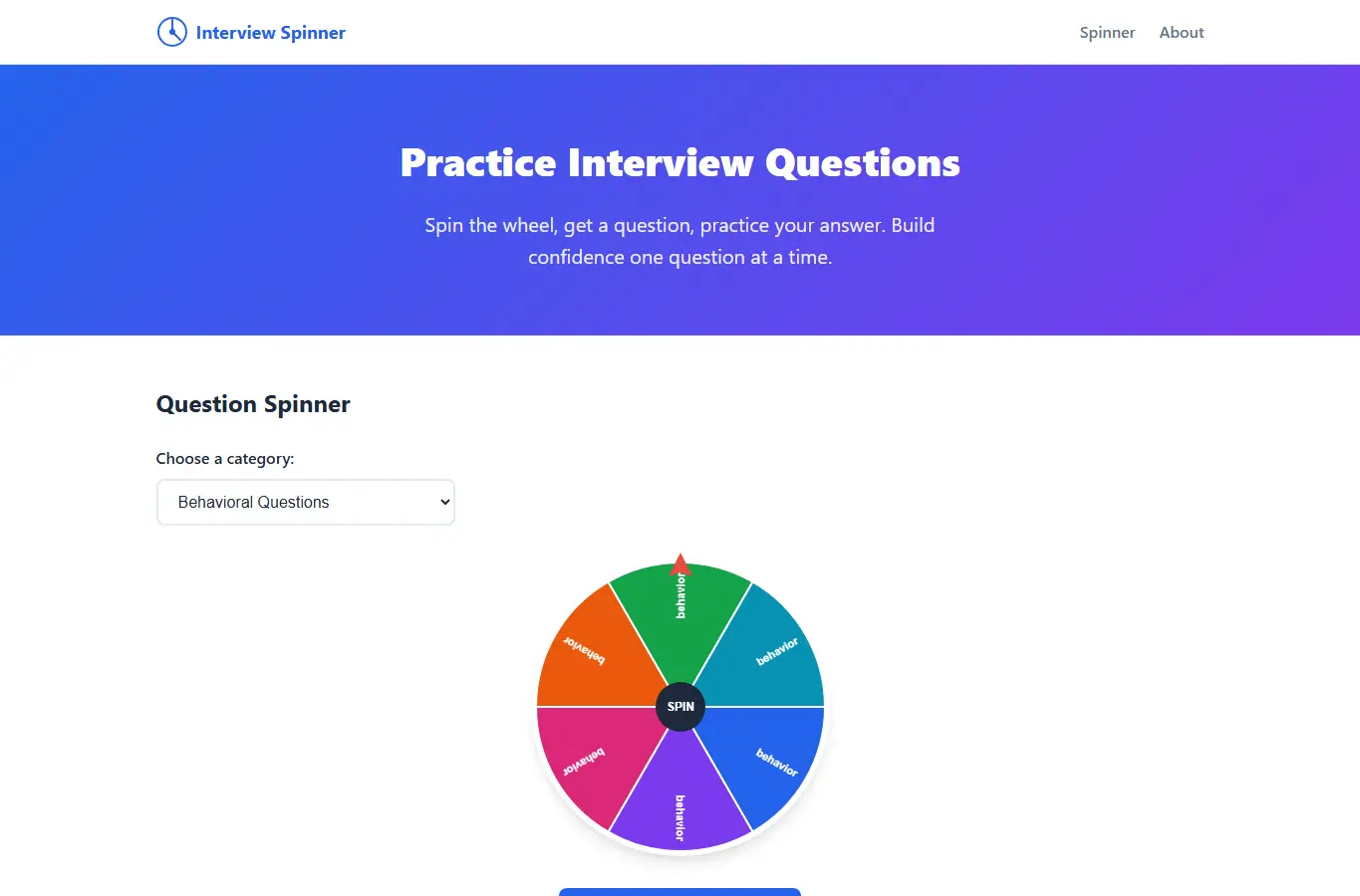 Screenshot of Interview Prep Question Spinner interface showing the project page in use